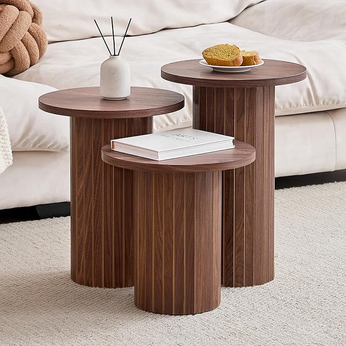 Round Side Tables Set of 3, Circle Modern Fluted Nesting Coffee Table, Accent by Euphpivigy