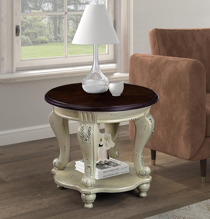 Solid Wood End Table, 2-Tier Round Sofa Side Table by SSLine