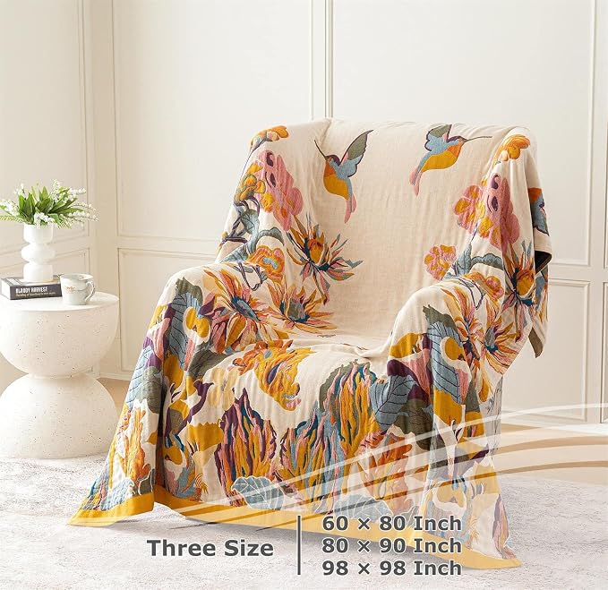 LUTBM Boho Throw Blanket for Bed 100% Cotton Soft Lightweight Quilt Floral - Image 5