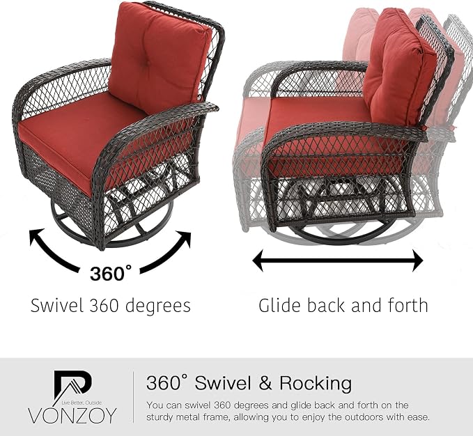 3 Pieces Patio Furniture Set, Outdoor Swivel Glider Rocker, Wicker Patio Bistro - Image 3