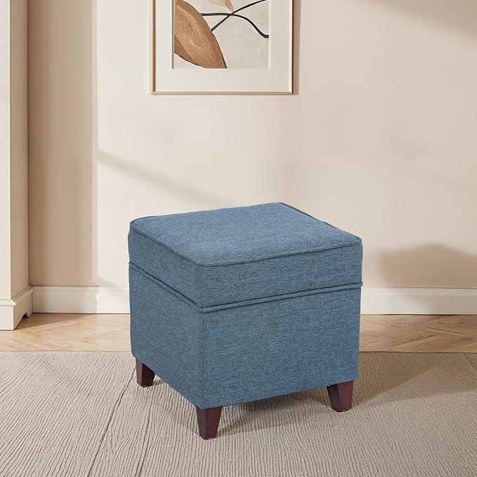 Adeco 17" Square Ottoman with Storage, Small Blue Storage Ottoman Foot Rest - Image 8