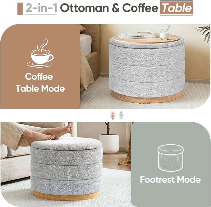 Round Storage Ottoman with Tray Lid, Folding Chenille Fabric Footrest with - Image 5