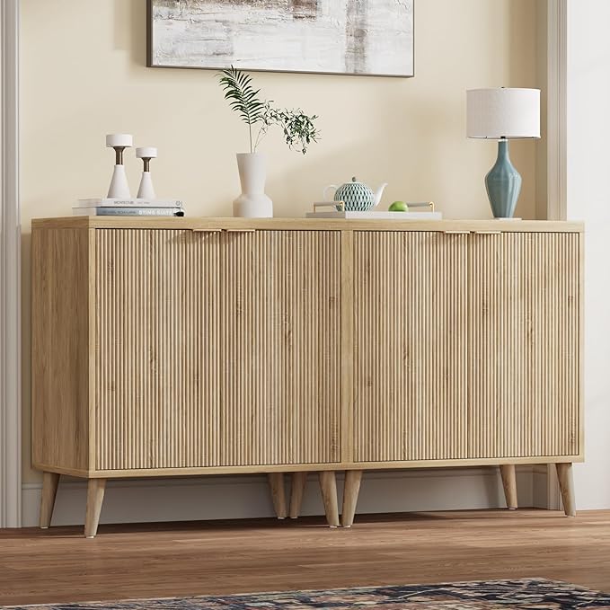 Homleke Buffet Cabinet with Storage, Modern Fluted Accent Sideboard with Doors - Image 3