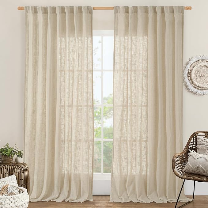 Extra Wide Linen Curtains for Bedroom Living Room 60 x 84 Inch | Natural by LAMIT