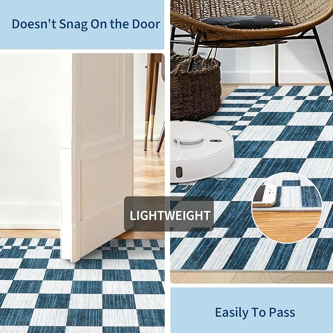 GarveeHome 8x10 Area Rugs Geometric Washable Modern Navy Blue Checkered Rug | - Image 6