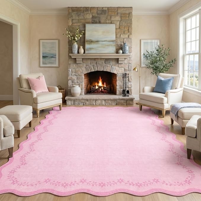 GarveeHome Scalloped Area Rugs 8x10 Large Pink Washable Living Room Rug | Soft by GarveeHome