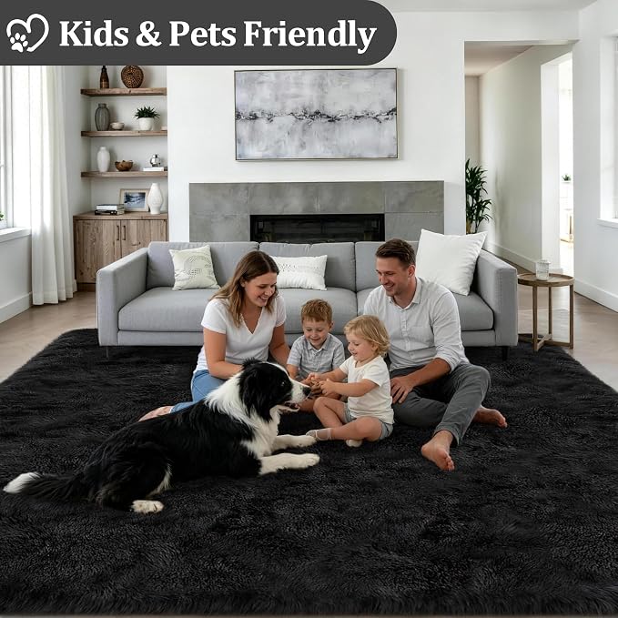 9x12 Area Rug Living Room Bedroom: Fluffy Plush Shag Carpet Black | - Image 4