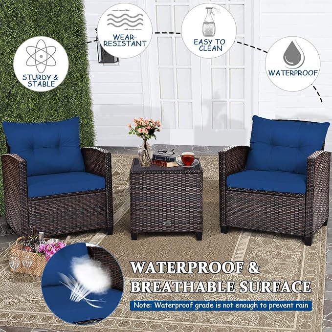 COSTWAY 3PCS Patio Furniture Set, PE Rattan Wicker Sofa w/Washable Cushion and - Image 6