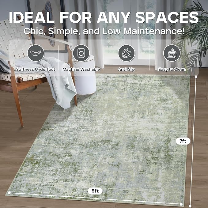 Aelenmu 5x7 Area Rugs for Living Room Bedroom Dining Room Washable Green | Soft - Image 2