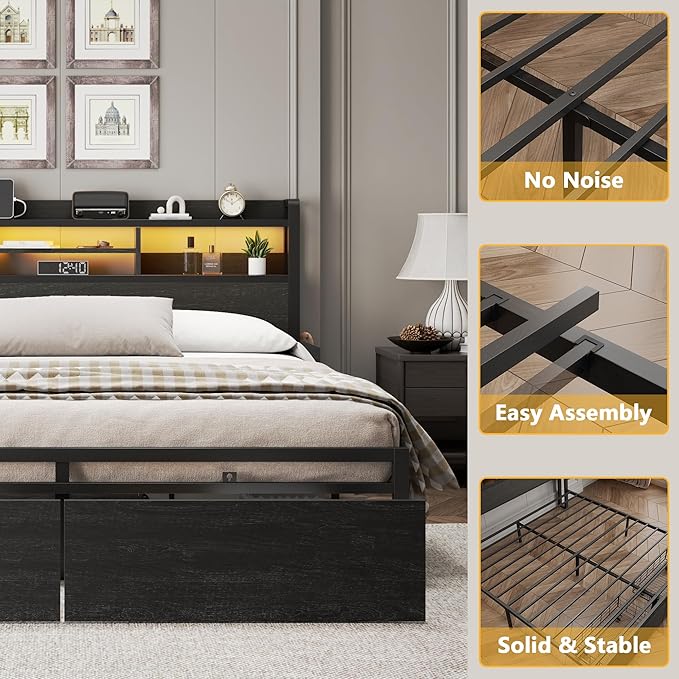 Furnulem Queen Bed Frame with Wood Headboard and Storage Shelf, Metal Platform - Image 6