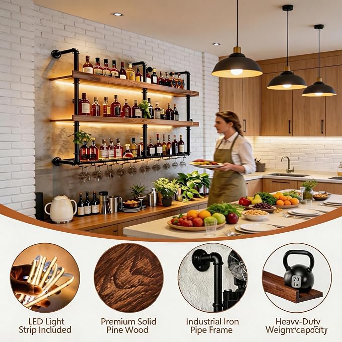 Wall Mounted Wine Rack with LED Lights, 4-Tier Industrial Wood Floating Shelves - Image 5