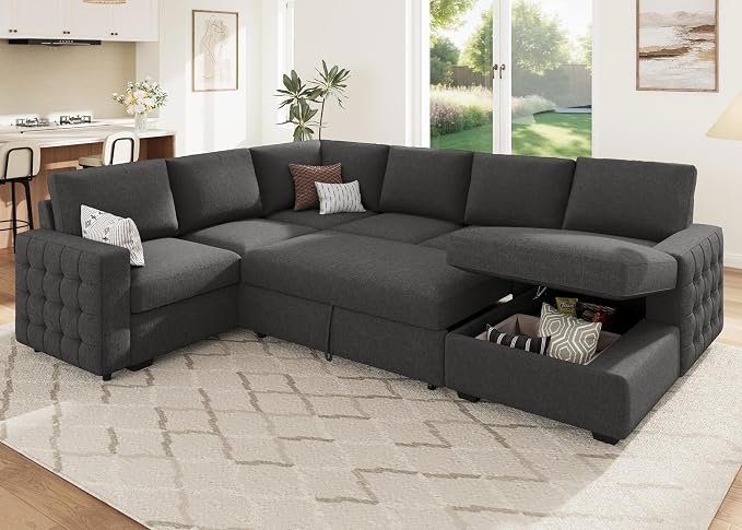 HONBAY Sectional Couch with Pull Out Bed, U-Shaped Sectional Sleeper Sofa with - Image 9