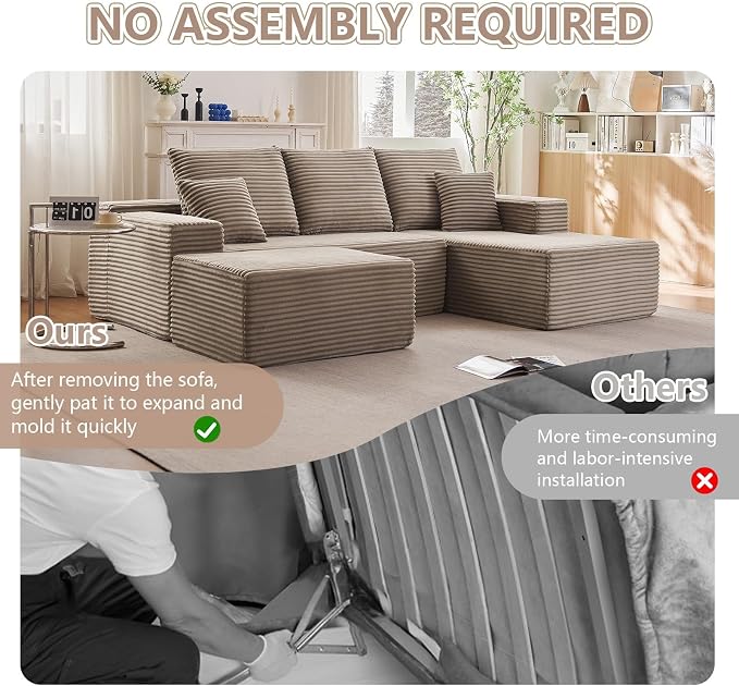 107" Comfy U-Shaped Sectional Modern Boneless Corduroy Couch - Image 7