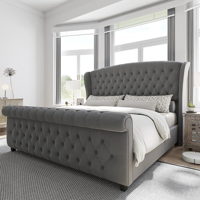 AMERLIFE Queen Size Platform Bed Frame, Velvet Upholstered Sleigh Bed by AMERLIFE