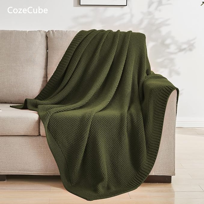 CozeCube Olive Green Seed Stitch Throw Blanket 60"x80", Farmhouse Decor | - Image 4