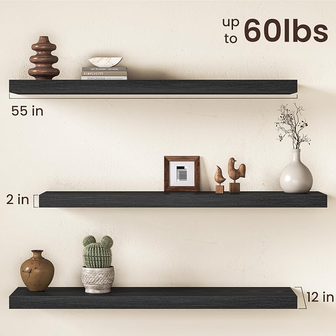 Black Floating Shelves 55Inch Long, 12 Inch Deep Floating Shelves - Image 3