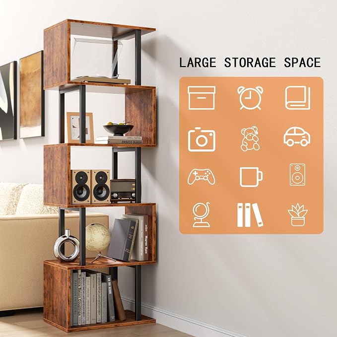 Furologee 6 Tier Bookshelf, Tall S Shaped Geometric Bookcase, Modern Display - Image 7