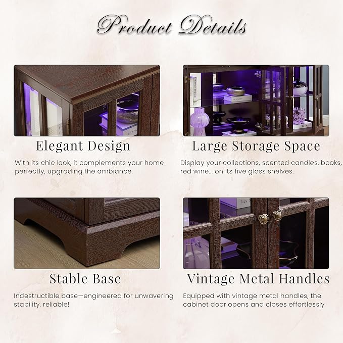 59" W LED Curio Cabinet with 7 Color Lights, Vintage Glass Display Case with - Image 4