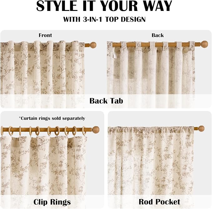 Taupe Vintage Floral Linen Curtains Farmhouse 38W X 63L 2 Panels | Elisa Series - Image 4