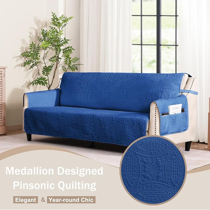 Blue Sofa Covers with Pockets, Anti-Slip Medallion Couch Covers - Image 2