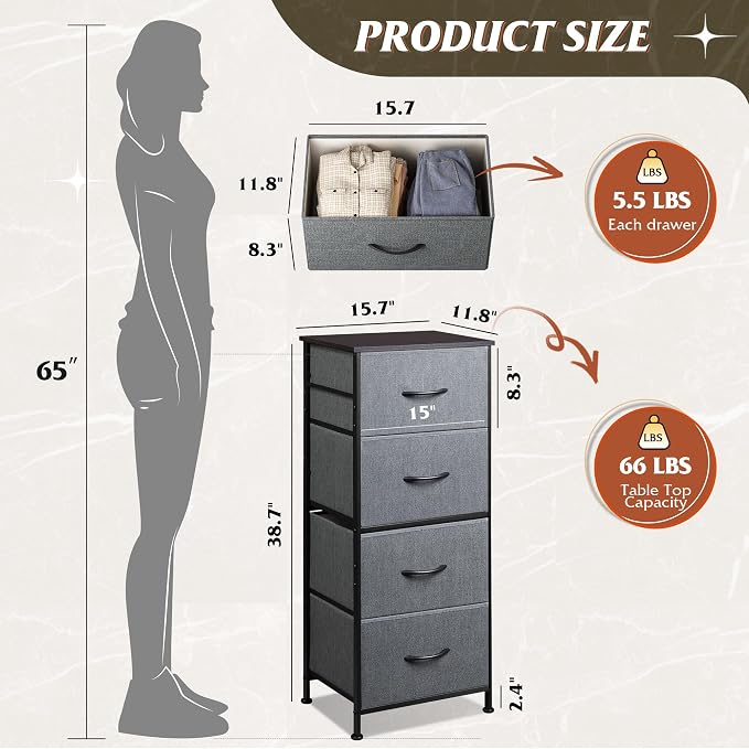 WLIVE Dresser with 4 Drawers, Storage Tower, Organizer Unit, Fabric Dresser - Image 3