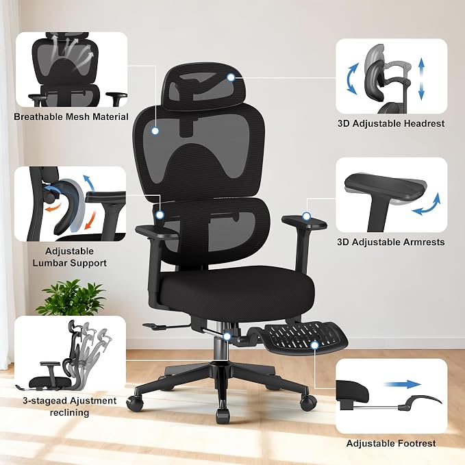 Ergonomic Office Chair with Footrest – Adjustable Lumbar Support, 3D Armrests & - Image 9