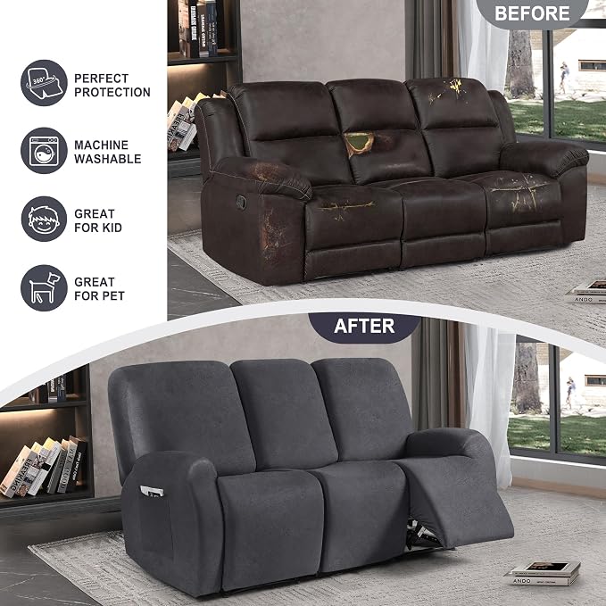 ANARACHON Leather Look Recliner Couch Cover, 8-Pieces Stretch Recliner Sofa - Image 6