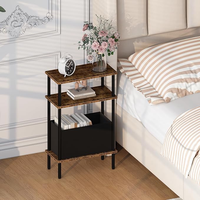 Narrow Side Table with Fabric Basket, Slim Nightstand with 3-Tier Storage Shelf - Image 2