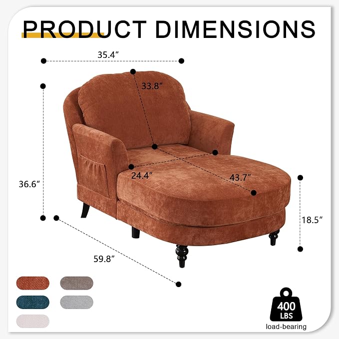 Chaise Lounge Chair Indoor, 59.8"Oversized Couch Reading Chairs, Chenille - Image 2
