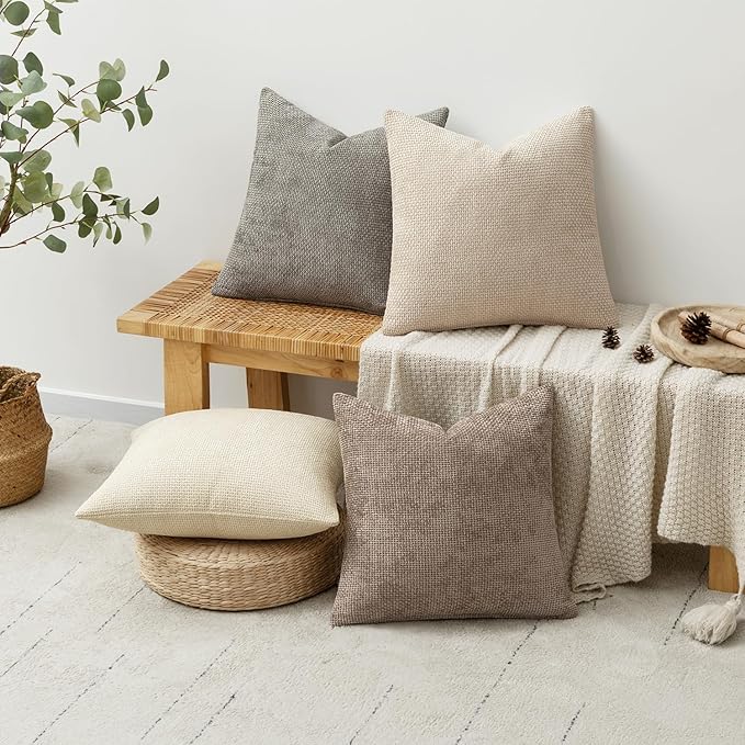 MIULEE Decorative Chenille Pillow Covers Neutral Beige 16x16 Pack of 4 | Modern - Image 4