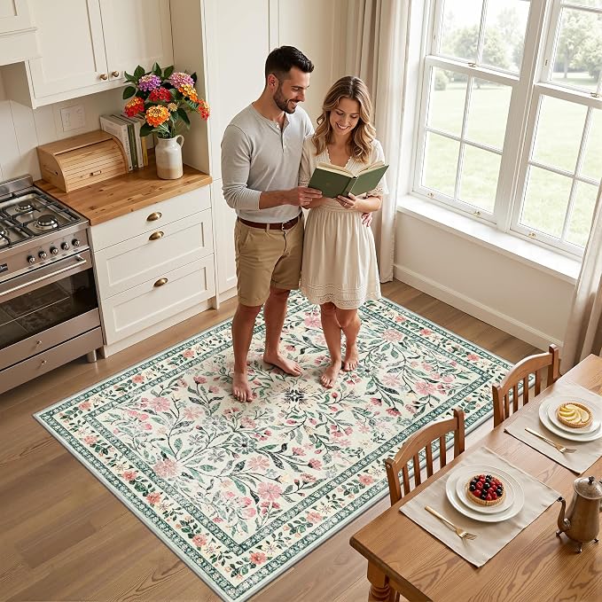 PLHXFR Area Rug Living Room: 3x5 Floral Washable Boho Carpet Green Beige | - Image 3