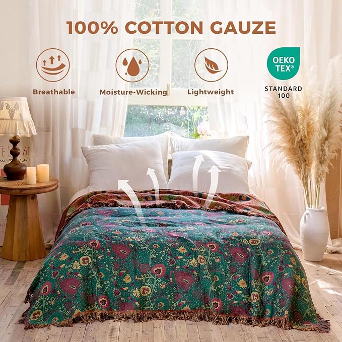 LUTBM Boho Throw Blanket for Bed 100% Cotton Soft Lightweight Quilt Home Decor - Image 2