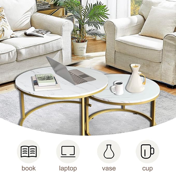 AT-VALY Coffee Table Set of 2 Nesting Tables, Round Sofa Table - Image 6
