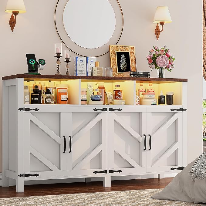 knoworld Buffet Sideboard with Storage with Power Outlets & LED Light 4 Doors - Image 8