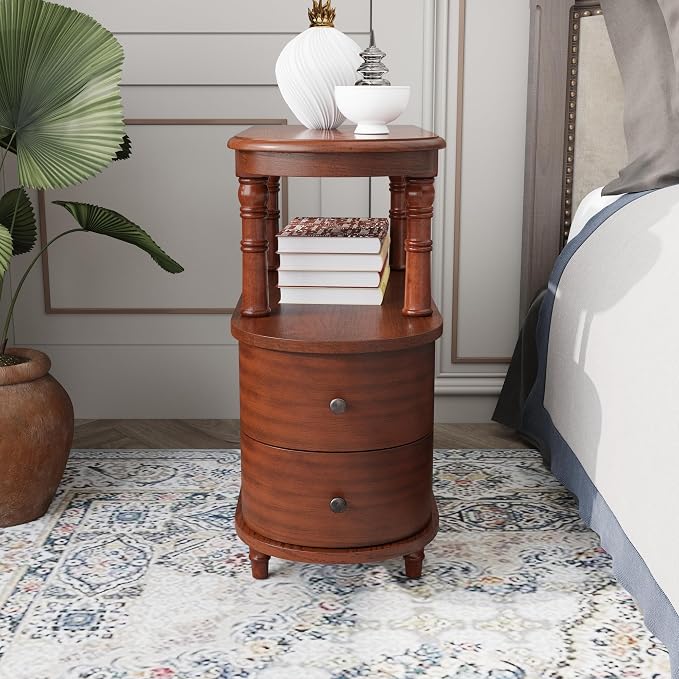 Slim End Table with 2 Storage Drawers, Retro Vintage Sofa Beside Table - Image 3