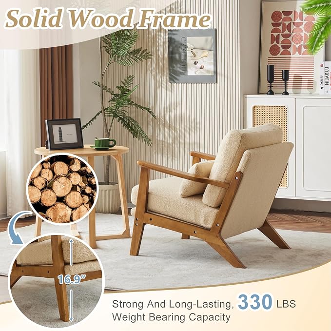 VINGLI Solid Wood Wide Armrests Accent Chair, Upholstered Mid Century Modern - Image 4