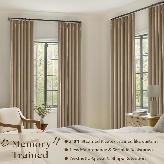 Light Brown Pinch Pleated 100% Blackout Linen Bedroom 96 Inch Curtains | Double - Image 2