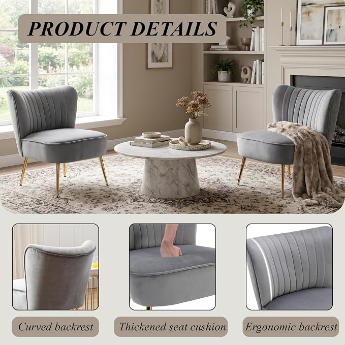 Velvet Accent Chair Set of 2 Comfy Living Room Chair Armless Slipper Chair Mid - Image 5