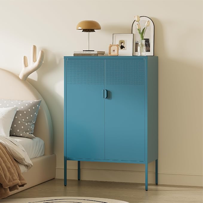 Metal Storage Cabinet, 2 Door TV Stand, Metal Mesh Accent Cabinet, Magnetic - Image 5