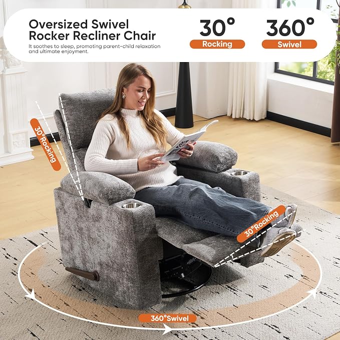 Swivel Rocker Recliner with Adjustable Armrests, Rocking Nursery Chair with - Image 7