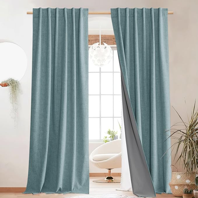 NICETOWN 100% Blackout Skylark Blue Linen Curtains 90" Length - Image 2