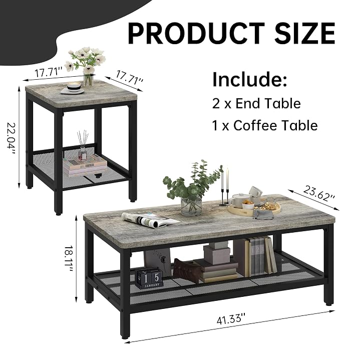 AWQM Coffee Table Set of 3, Industrial Coffee Table - Image 3