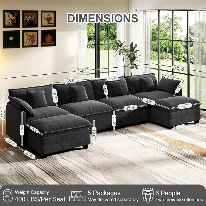 146" Cloud Couch Sectional, U Shaped Modular Sectional Sofa, 4-Seat Deep Seat - Image 2