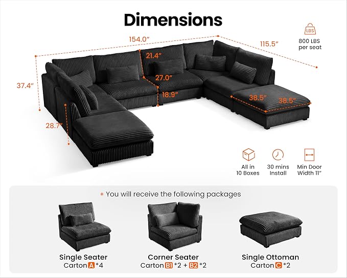 154" Oversized Corduroy Couch Modular Sectional Sofa, Washable Cloud Couch - Image 2