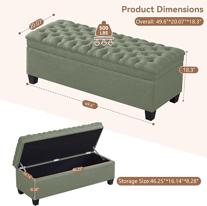 WUTUTUEE 50" Fabric Storage Ottoman Bench, Upholstered Rectangle End of Bed - Image 2