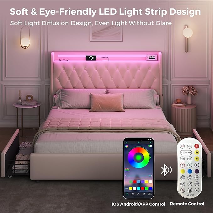 Queen LED Velvet Bed Frame - Image 3