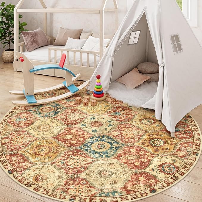 Lahome Moroccan Washable Round Area Rug, Round Rug 5ft Soft Non-Slip | Trellis - Image 6