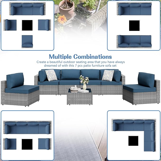 Shintenchi 7 Pieces Outdoor Patio Furniture Sets, Patio Sectional Sofa Couch - Image 2