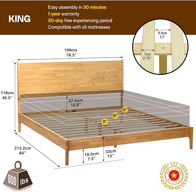 Acacia Haven King Size Bed Frame and Headboard, Solid Wood Platform Bed Frame - Image 2