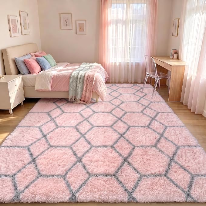 Area Rugs for Living Room, 5x8 Fluffy Pink and Grey Bedroom Geometric Rug | - Image 7